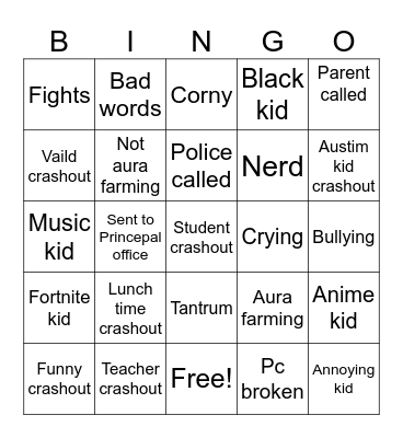 School crashout bigno Bingo Card