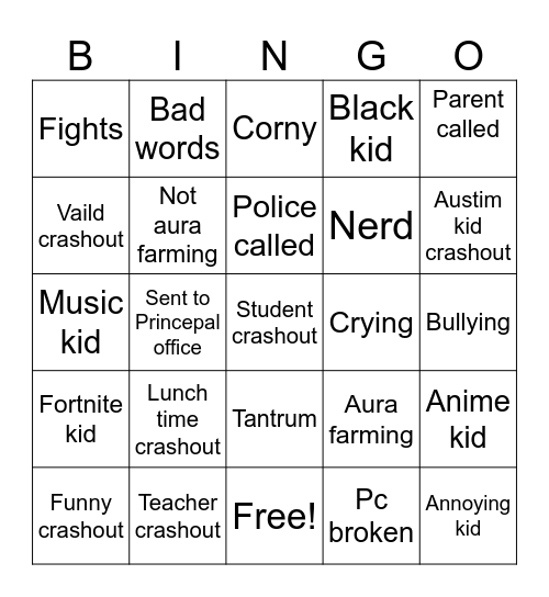 School crashout bigno Bingo Card
