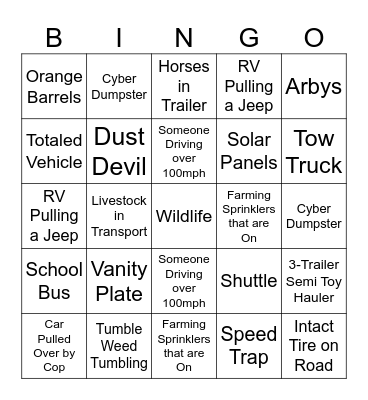 Road Trip Bingo Card