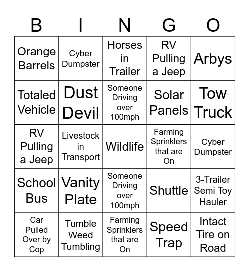 Road Trip Bingo Card