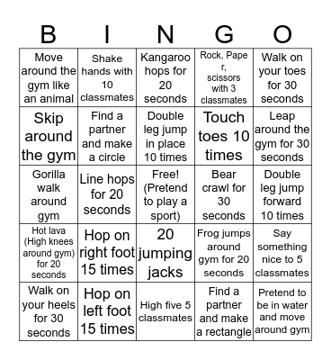 Fitness Bingo Card