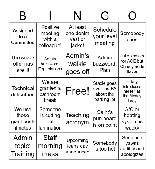 Back To School Bingo Card