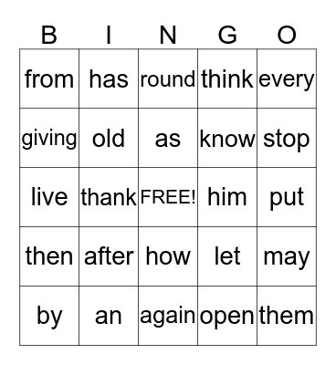 Sight Words 1A Bingo Card