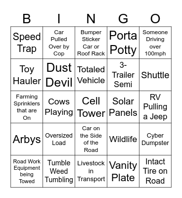 Road Trip Bingo Card