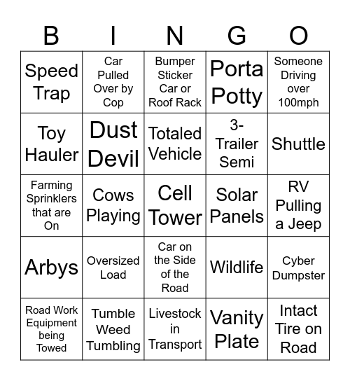 Road Trip Bingo Card