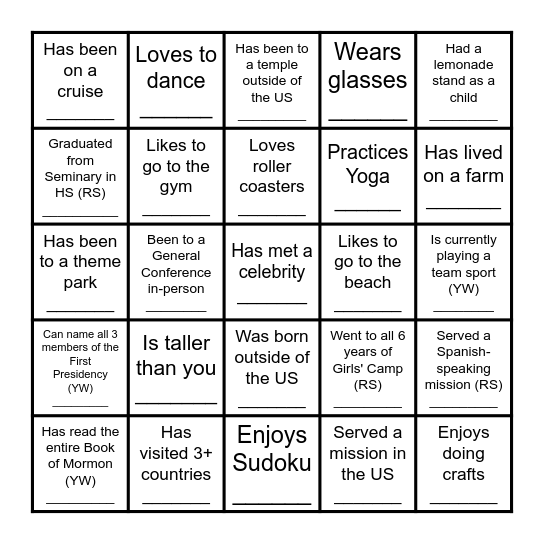 Friendship BINGO Card