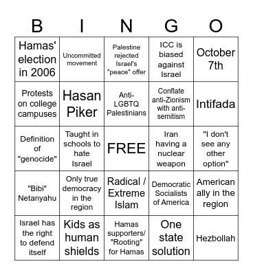 Zionist Talking Points Bingo Card