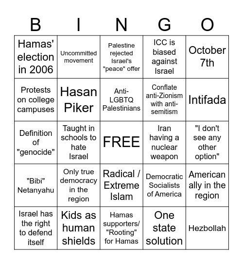 Zionist Talking Points Bingo Card