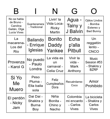 Spanish Song Bingo! Bingo Card