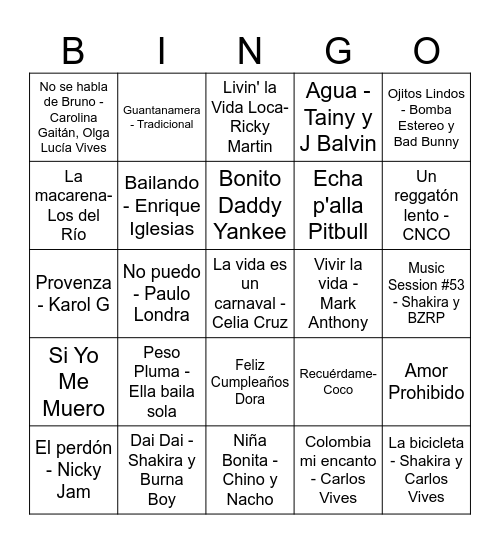 Spanish Song Bingo! Bingo Card