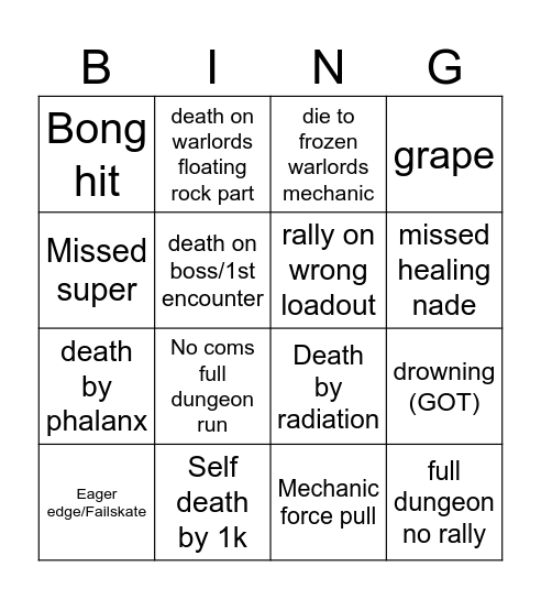 Dungeon bingo Card