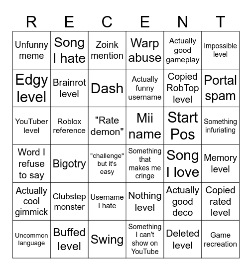 recent tab bingo Card