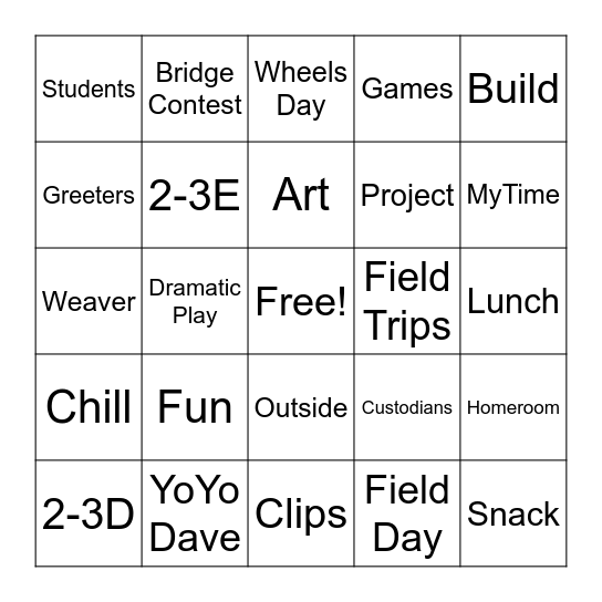 KidStop Bingo Card