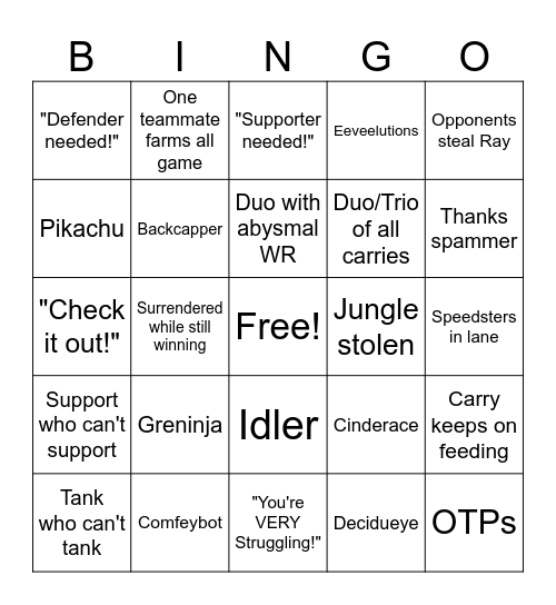 Pokemon Unite Bingo Card