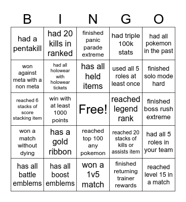 Pokemon Unite Achievements Bingo Card