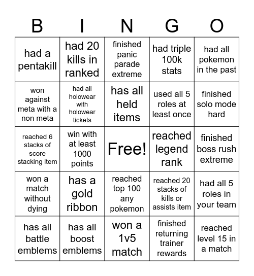 Pokemon Unite Achievements Bingo Card