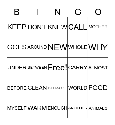 SIGHT WORD BINGO Card