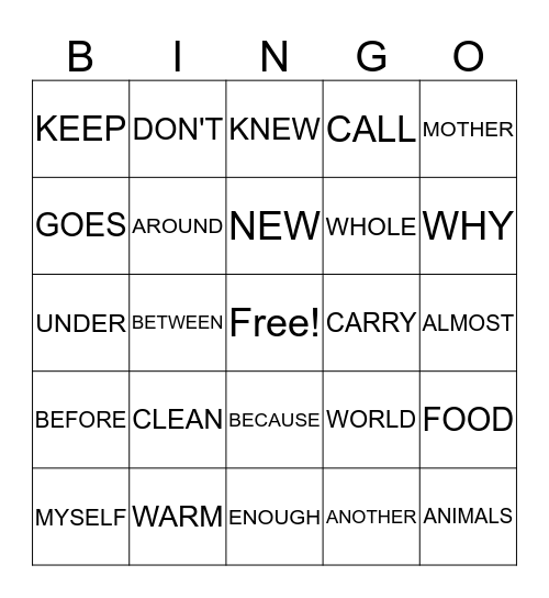 SIGHT WORD BINGO Card