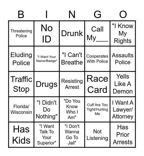 Body Cam Bingo Card
