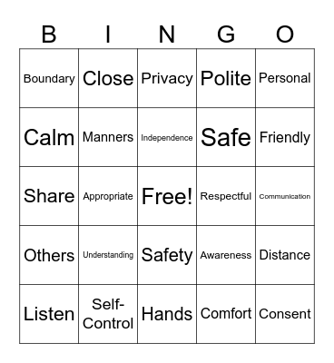 Personal Space Bingo Card