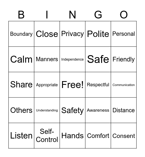 Personal Space Bingo Card