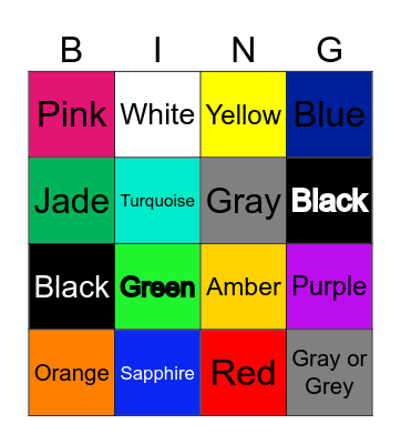 Colors Bingo Card