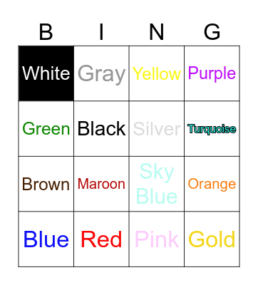 Colors Name Bingo Card