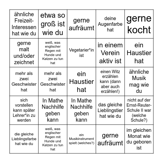 Kennenlernbingo 11 E Bingo Card