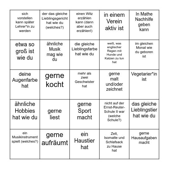 Kennenlernbigo 11 E: Suche eine*n Mitschüler*in, der*die ... Bingo Card