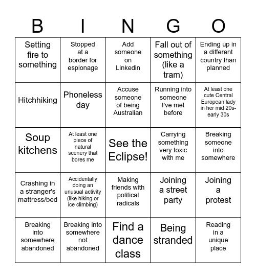 Trip Bingo Card