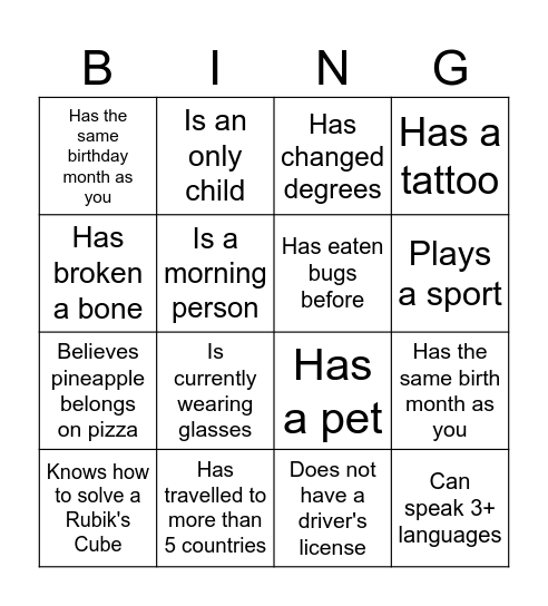 Get To Know! Bingo Card