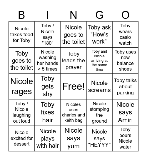 Toby & Nicole Bingo Card