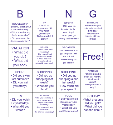 Past Simple Bingo Card