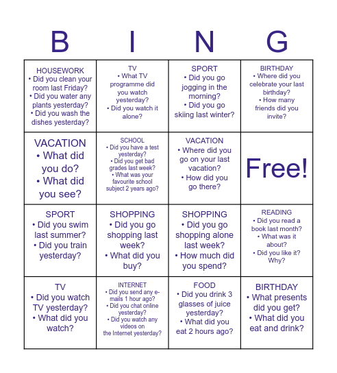 Past Simple Bingo Card