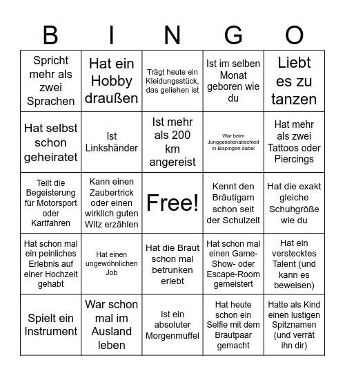 Das Bingo zur Hochzeit von Carina & Robin Bingo Card