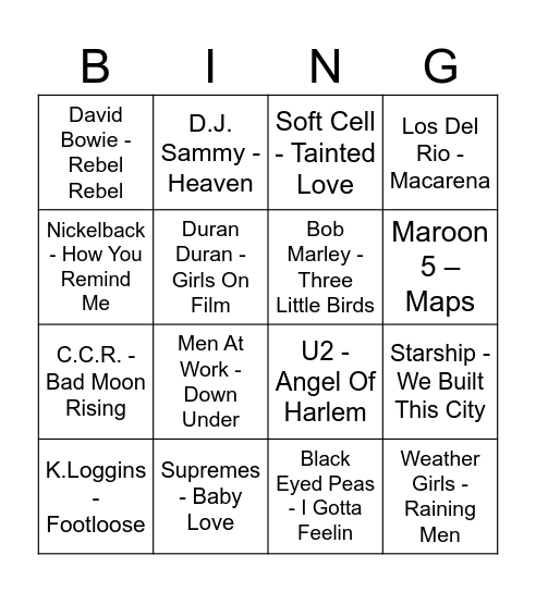 Musical Bingo Card