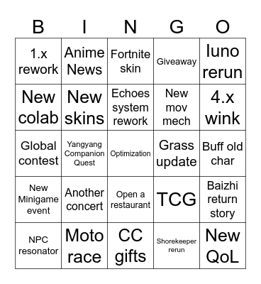 Wuwa 3.6 Livestream Bingo Card