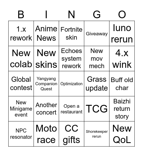 Wuwa 3.6 Livestream Bingo Card