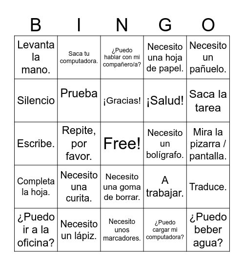 Clase de español Bingo Card