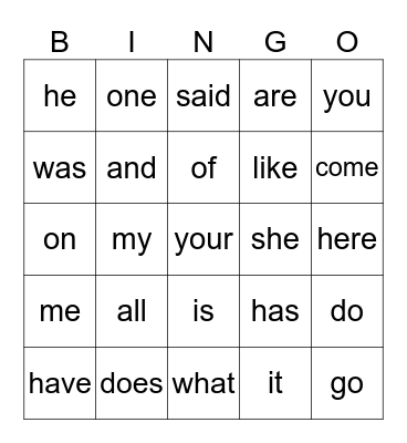 Sight Words Bingo Card