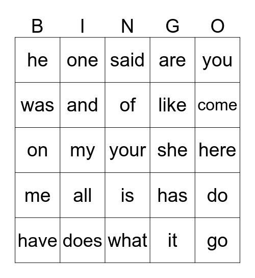 Sight Words Bingo Card