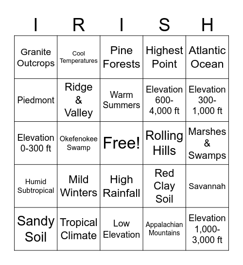 Irish Academy GA Geography & Climate Bingo Card