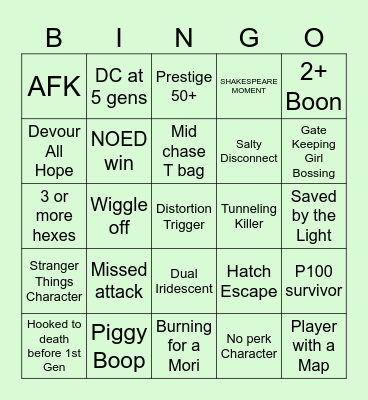 Dead By Daylight Bingo Card