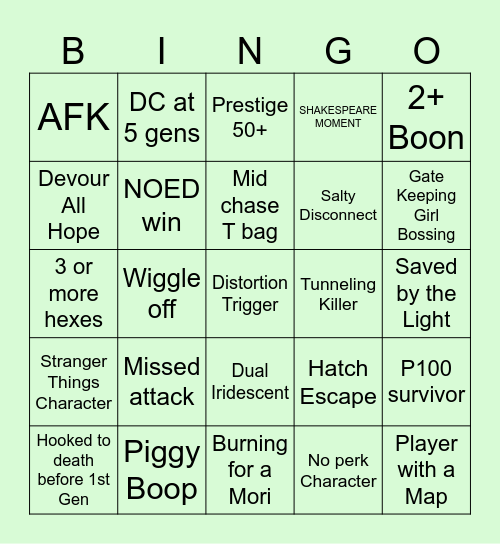 Dead By Daylight Bingo Card