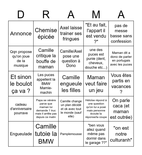 Bingo Drama du 15 aout Bingo Card
