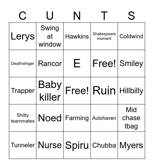 Dead By Daylight Bingo Card