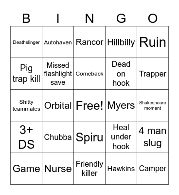 Dead By Daylight Bingo Card