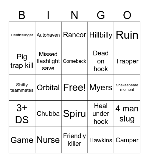 Dead By Daylight Bingo Card