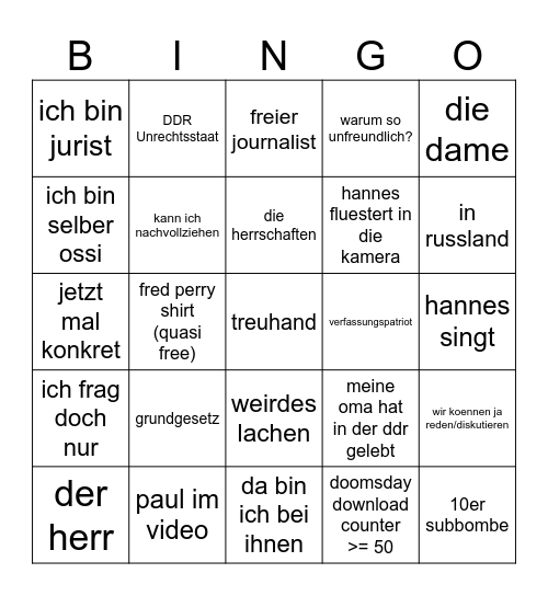 Hannes Bingo Card
