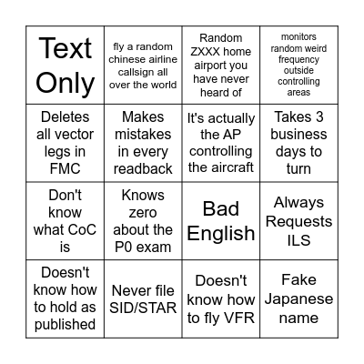 Chinese VATSIM Hammer Pilot Bingo Card